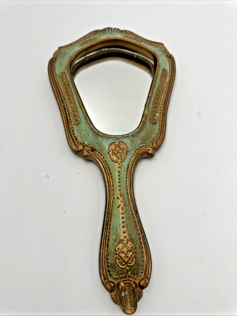 Vintage Florentine Wood 12 inch Hand Mirror Green & Gold Gilded Made in Italy
